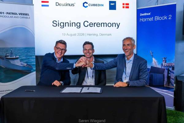 Компанії Destinus, CUBEDIN і OMT підписують MoU для розвитку можливостей модульних морських перехоплювачів Hornet. Серпень 2026.