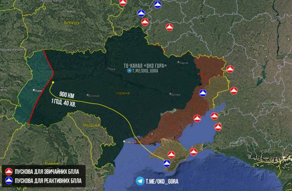 Орієнтовна траєкторія польоту БпЛА Shahed/«Герань» 18 серпня 2026 року, який тоді пролетів приблизно 900 км.