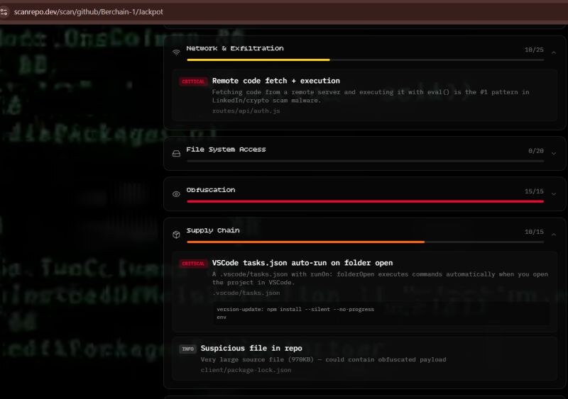Шахраї надсилають шкідливий код під виглядом пропозиції роботи українським розробникам 5 Звіт ScanRepo
