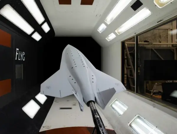 Модель дрона Saab Loyal Wingman в аеродинамічній трубі L-2000 Королівської вищої технічної школи, Стокгольм. Фото: Saab